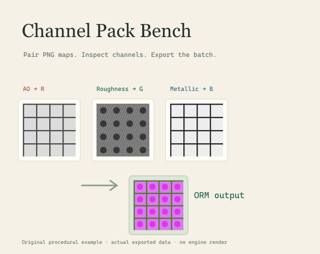 Channel Pack Bench cover showing AO, roughness and metallic samples combined into an ORM texture