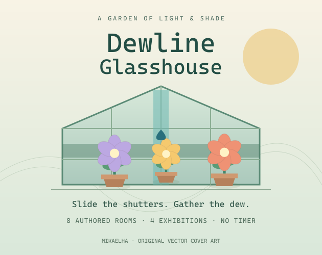 Dewline Glasshouse cover illustration showing three flowers inside a greenhouse