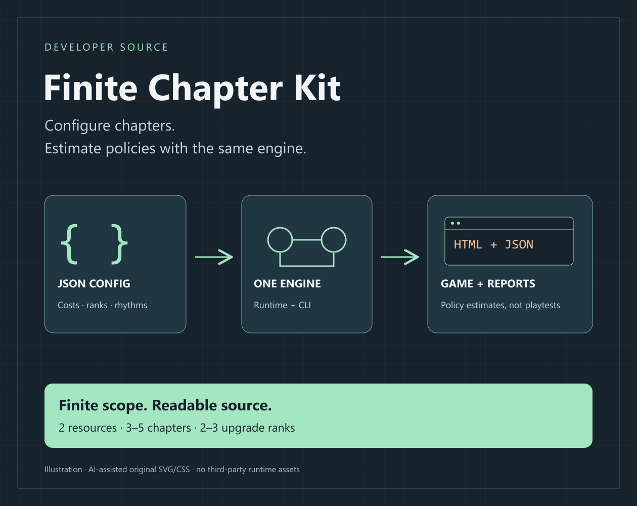 Finite Chapter Kit cover illustration showing JSON configuration, one engine, generated games and pacing reports