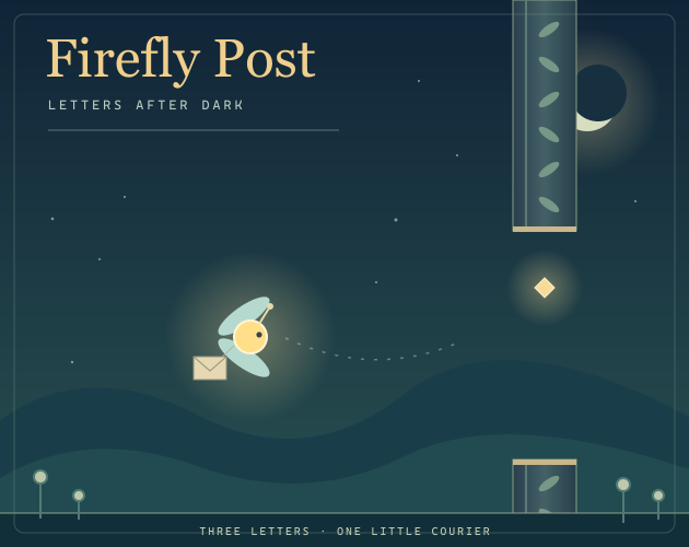 Firefly Post cover illustration of a glowing courier carrying a letter through a night garden