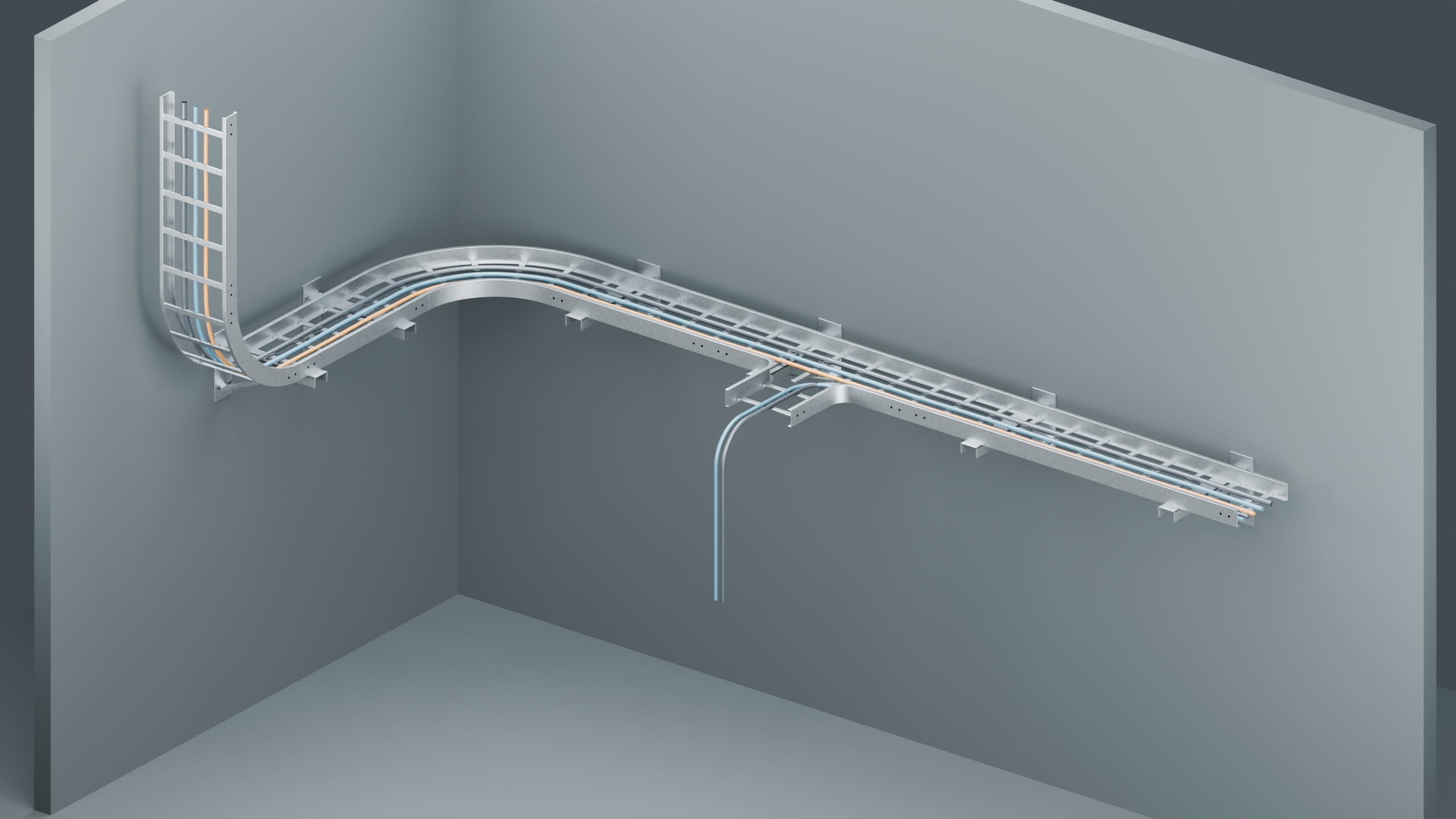 Blender render of the full six-piece Industrial Ladder Tray Kit assembled into a supported route