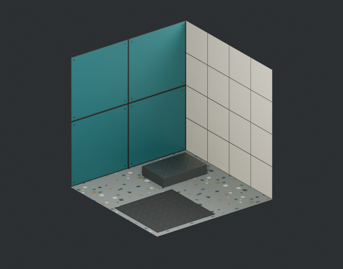 Actual Blender Cycles render of Latchwork enamel and ceramic walls, terrazzo floor, graphite rubber mat and steel tread example