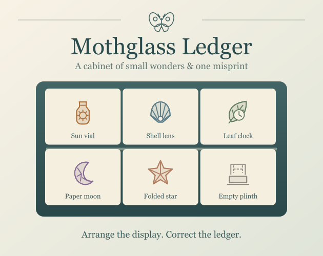 Mothglass Ledger cover showing five illustrated objects and an empty plinth in a museum cabinet