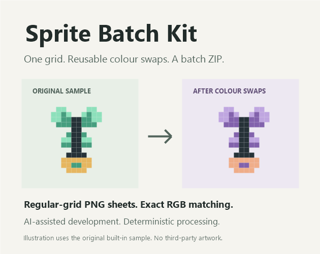 Sprite Batch Kit cover illustration showing an original sprite sample before and after colour swaps