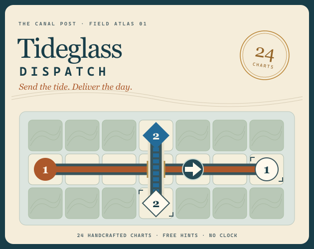 Tideglass Dispatch cover showing a canal puzzle and a 24-chart stamp